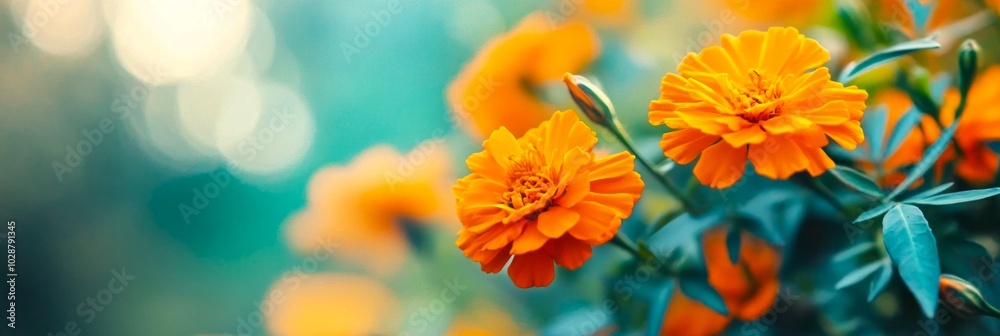 Sticker Vibrant marigold flowers bloom under soft sunlight. The warm orange petals stand out against a blurred background. Ideal for nature lovers and floral enthusiasts. AI