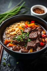 Delicious beef noodle soup with colorful vegetables served in a dark bowl on a textured surface