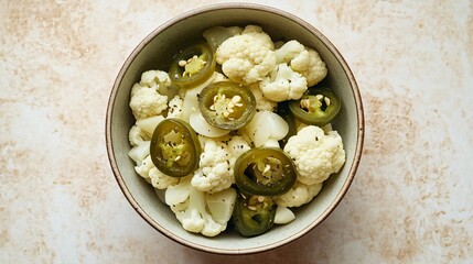 A bowl of pickled jalapeños and cauliflower, isolated on a soft beige background with subtle geometric decorative elements
