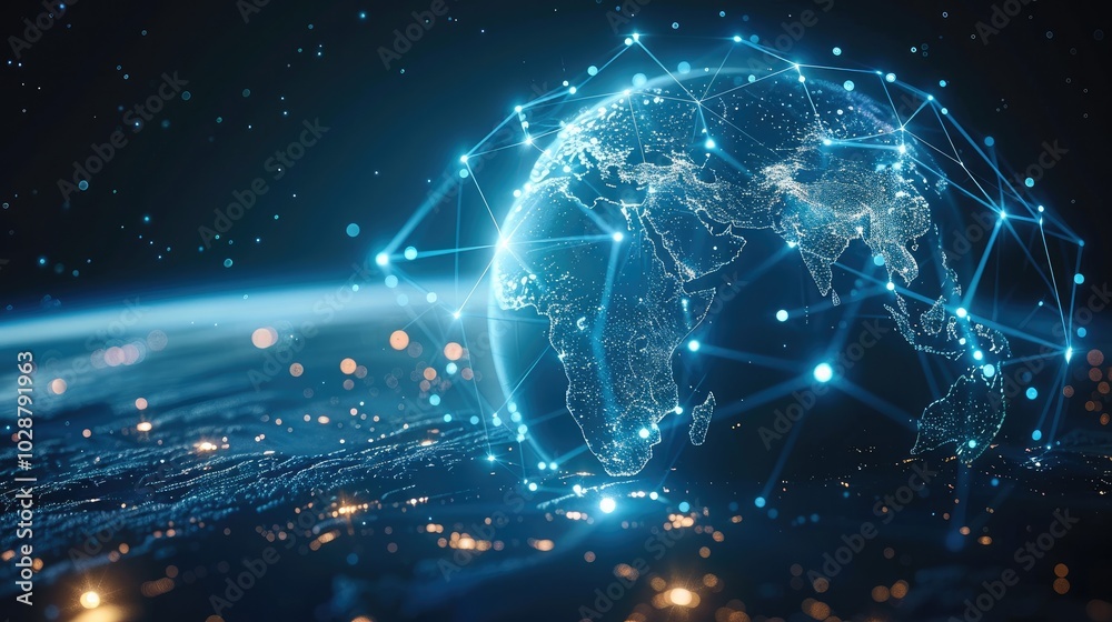 Poster abstract digital blue planet earth with glowing connections and global network concept on a dark bac