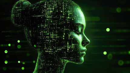 A woman's profile, constructed from green digital codes, glowing softly, represents a blend of technology and identity exploration.