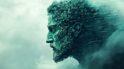 A face emerges from a haze of digital data, merging with mist to illustrate the indistinct boundary between nature and tech.