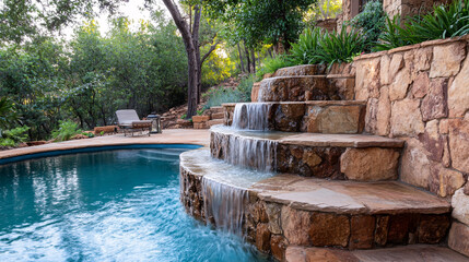 Naklejka premium serene outdoor pool scene featuring cascading waterfall over stone steps, surrounded by lush greenery and relaxing lounge chair. This tranquil setting invites relaxation and enjoyment