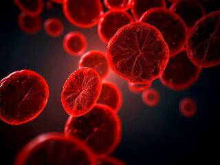 Red blood cells under a microscope on a dark background. Medicine.