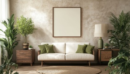 Warm and cozy spring living room with plants and a mock-up poster frame