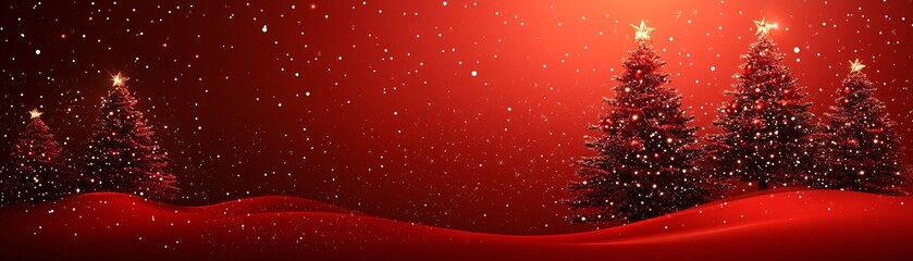 A festive scene featuring snow-covered Christmas trees against a red background, radiating holiday cheer and magic.