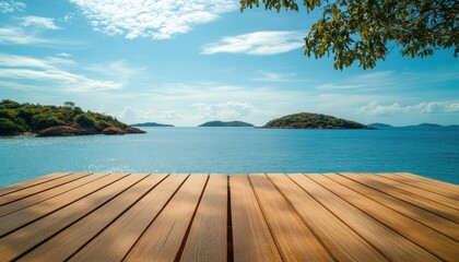 Fototapeta premium Wooden table by the serene sea and distant islands under a blue sky