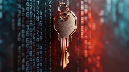 golden key hangs against backdrop of binary code, symbolizing security and access in digital world. contrast of colors adds modern touch to concept of encryption and data protection