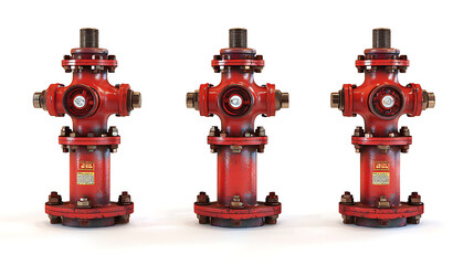 Fototapeta premium A row of bright fire hydrants isolated against a white background