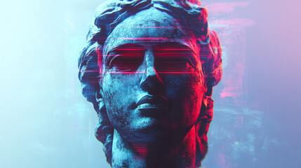 A classic marble bust is artistically distorted with glitch effects, merging traditional art with a modern digital twist.