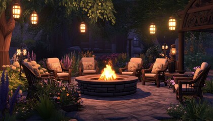 Luxurious outdoor seating area with chairs around a cozy fire pit at night