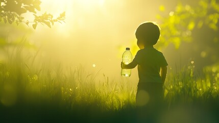 Eco-Friendly Lifestyle: Young Child with Reusable Water Bottle Embracing Sustainable Living under Cinematic Lighting