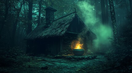 Fototapeta premium magic house in the dark forest with dust. whichy house