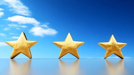 Fototapeta premium Three golden star shapes floating on a plain blue background,representing the concept of performance rating,customer feedback,or assessment. The metallic.