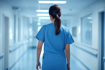 back view of female nurse walking in hospital hallway