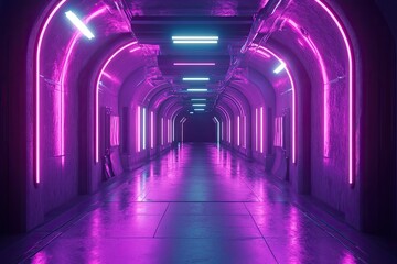A futuristic hallway with glowing neon lights. Perfect for sci-fi, cyberpunk, or technology themes.