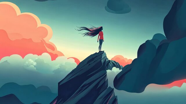 A woman stands on a rocky peak overlooking a vast expanse of clouds, the wind whipping her hair