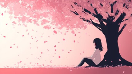 A young woman sits under a blooming cherry blossom tree, surrounded by falling petals, enjoying the peaceful spring day.