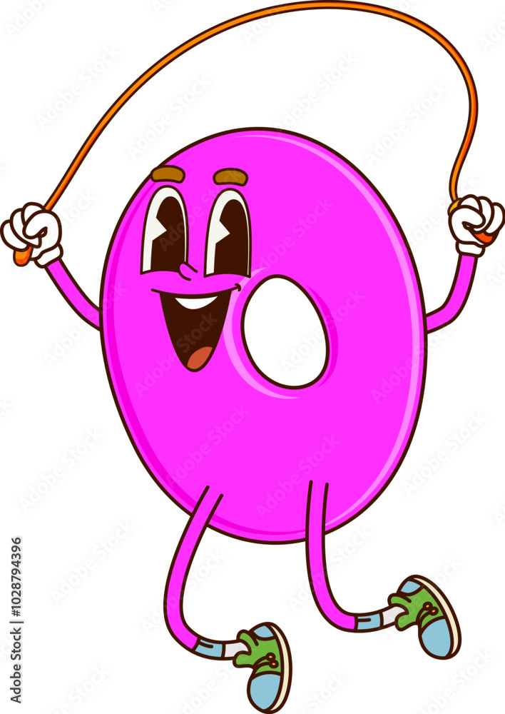 Poster math zero number groovy character. preschool kids education math symbol cartoon character or school 