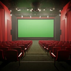 Fototapeta premium empty cinema auditorium with red chairs and green screen