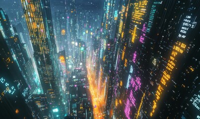Fototapeta premium Neon cityscape illuminated at night.