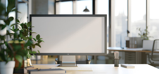 Fototapeta premium front view of a black computer white office desk background, mockup photography,