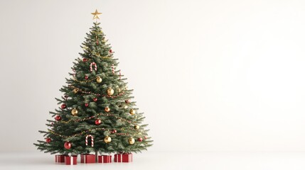 Fototapeta premium green christmas tree with colourful ornamnets and candy canes