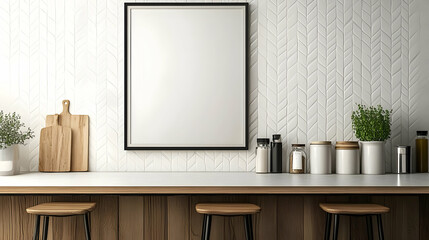 Minimalist kitchen scene with empty frame and natural decor.
