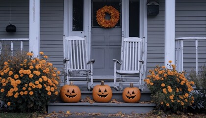 Obraz premium Charming Halloween decorations with pumpkins and flowers on a cozy porch