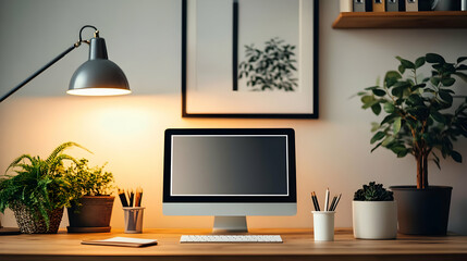 A modern workspace featuring a computer, plants, and warm lighting.