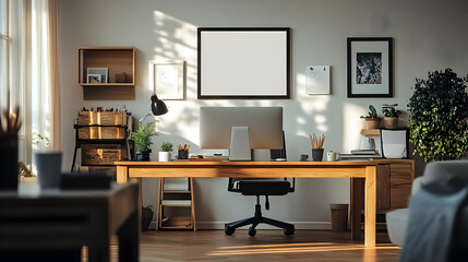 Cozy home office with desk, computer, and decorative plants.