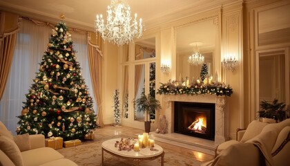 Elegant living room with a Christmas tree and cozy fireplace decor