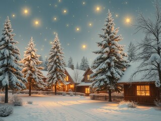 Fototapeta premium a cabin with a christmas tree in the background.