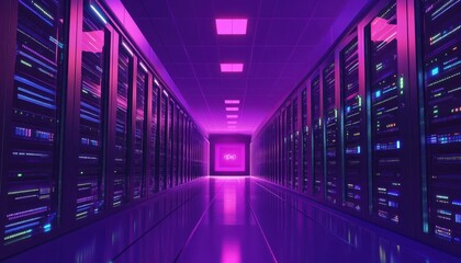 Obraz premium A vibrant digital server center with racks of servers illuminated in purple light