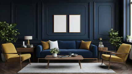 Modern living room with navy walls and stylish furniture arrangement.