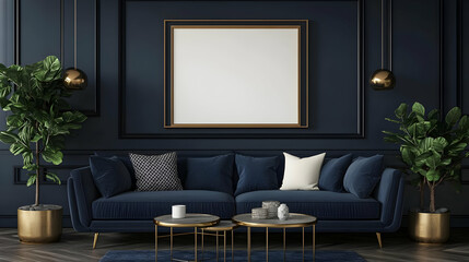 Modern living room with navy walls, stylish sofa, and decor.