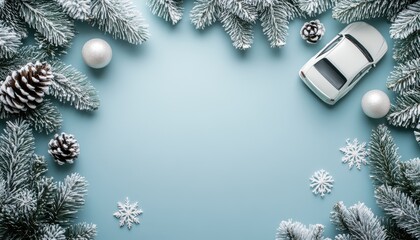 Festive Christmas Eve background with decorations and a toy car on a winter theme