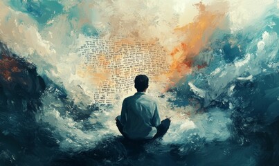 Obraz premium Man meditating amidst abstract clouds and text.
