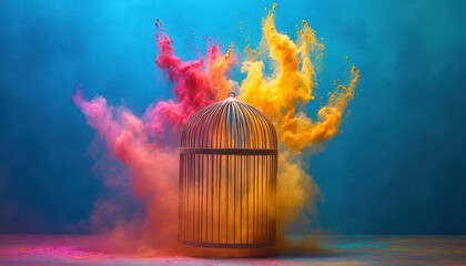 Colorful Holi powder explosion inside a cage symbolizing freedom and confinement