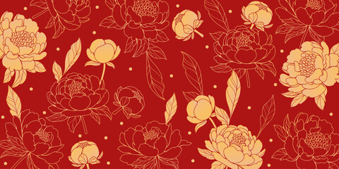 Floral background with peonies and golden tones. Hand drawn branches and leaves, on red background. Perfect for decorative cards, wallpapers, and prints.