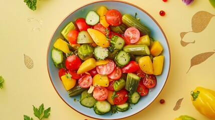 A vibrant plate of pickled mixed vegetables, isolated on a soft pastel yellow background with abstract gold flourishes