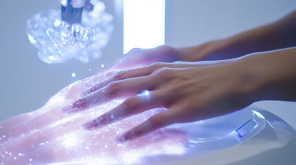 Futuristic hands skincare ritual with ai technology in a cutting-edge beauty salon setting