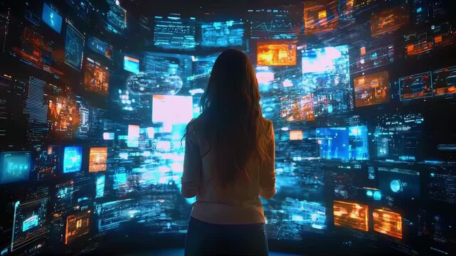 Female with long hair observing illuminated digital screens, immersed in technology.