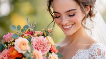 Naklejka premium A woman is holding a bouquet of flowers and smiling