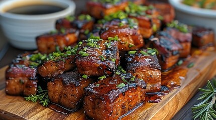 Pork belly burnt ends on a wooden platter, caramelized and juicy, outdoor BBQ ambience.