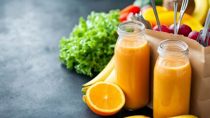 A close-up picture of a daily menu featuring organic fresh meals and smoothies, a fork and knife, and a paper eco bag serving as a food delivery courier service at home or in the office, representing