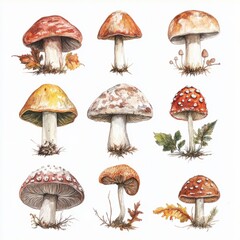 various watercolor detailed woodland mushrooms in various fall colors