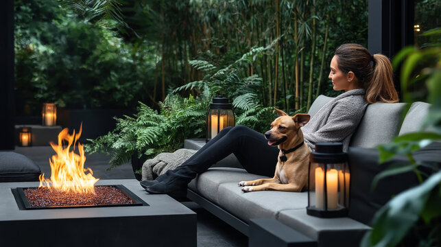 Woman relaxing with a dog on a modern outdoor patio featuring a stylish fire pit and decorative lanterns, surrounded by lush greenery and bamboo plants.