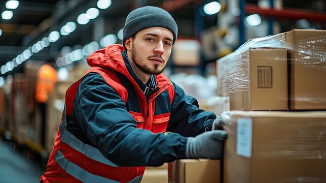 A worker in a warehouse moving boxes. This image depicts the logistics and shipping industry, with a focus on hard work and efficiency.