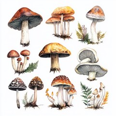 various watercolor detailed woodland mushrooms in various fall colors